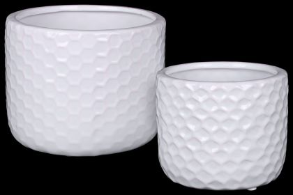 Ceramic Round Vase With Engraved Diamond Pattern; Set Of 2; White; DunaWest - Default