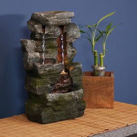 Indoor Home Office Resin Towering Cave Waterfall Table Fountain with LED Lights - 14 Inch - Gray - resin