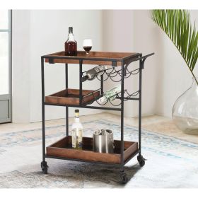 30 Inch Handcrafted Mango Wood Bar Serving Cart with Caster Wheels; 6 Bottle Holders; Tray Shelves; Brown and Black; DunaWest