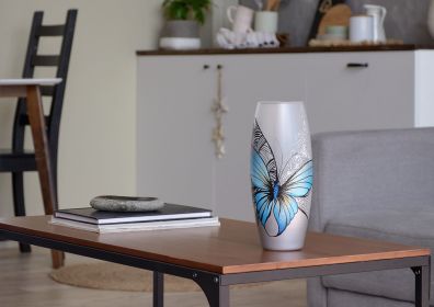 Handpainted Glass Vase for Flowers | Blue Butterfly Painted Art Glass Oval Vase | Interior Design | Table vase 10 inch - Blue - 250