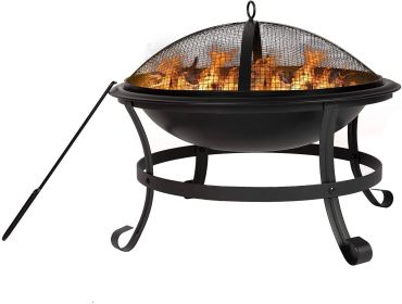 Bosonshop 22'' Outdoor Wood Burning BBQ Grill Firepit Bowl w/Spark Round Mesh Spark Screen Cover Fire Poker Patio Steel Fire Pit Bonfire