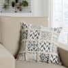 18 x 18 Square Cotton Accent Throw Pillow; Fluffy Fringes; Soft Block Print Raised Pattern; Cream; Blue - as Pic