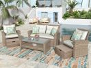 Patio Furniture Set;  4 Piece Outdoor Conversation Set All Weather Wicker Sectional Sofa with Ottoman and Cushions - Beige