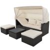 Outdoor Patio Rectangle Daybed with Retractable Canopy;  Wicker Furniture Sectional Seating with Washable Cushions;  Backyard;  Porch - Beige