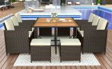 Patio All-Weather PE Wicker Dining Table Set with Wood Tabletop for 10;  Brown Rattan+Beige Cushion (11-Piece) - Brown