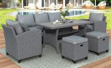 6-Piece Outdoor Rattan Wicker Set Patio Garden Backyard Sofa; Chair; Stools and Table(Gray Rattan+Gray Cushion) - Grey