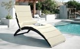 Patio Wicker Sun Lounger, PE Rattan Foldable Chaise Lounger with Removable Cushion and Bolster Pillow, Black Wicker and Beige Cushion - Beige