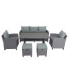 6-Piece Outdoor Rattan Wicker Set Patio Garden Backyard Sofa; Chair; Stools and Table(Gray Rattan+Gray Cushion) - Grey