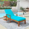 Outdoor Solid Wood 78.8" Chaise Lounge Patio Reclining Daybed with Cushion; Wheels and Sliding Cup Table for Backyard; Garden; Poolside- Blue