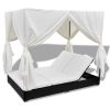 vidaXL Patio Lounge Bed with Curtains Poly Rattan Black - Black