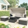 Outdoor Patio Rectangle Daybed with Retractable Canopy;  Wicker Furniture Sectional Seating with Washable Cushions;  Backyard;  Porch - Beige