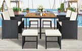 Patio All-Weather PE Wicker Dining Table Set with Wood Tabletop for 8;  Black Rattan+Beige Cushion (9-Piece) - Black