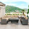 6-Piece Outdoor Wicker Sofa Set, Patio Rattan Dinning Set, Sectional Sofa with Thick Cushions and Pillows, Plywood Table Top - Beige