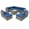 9 Piece Rattan Sectional Seating Group with Cushions and Ottoman, Patio Furniture Sets, Outdoor Wicker Sectional - Grey