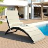 Patio Wicker Sun Lounger, PE Rattan Foldable Chaise Lounger with Removable Cushion and Bolster Pillow, Black Wicker and Beige Cushion - Beige