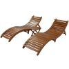 Outdoor Patio Wood Portable Extended Chaise Lounge Set with Foldable Tea Table for Balcony; Poolside; Garden; Brown Finish+Dark Gray Cushion