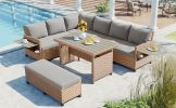 5-Piece Outdoor Patio Rattan Sofa Set; Sectional PE Wicker L-Shaped Garden Furniture Set with 2 Extendable Side Tables; - Brown