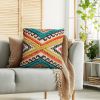 18 x 18 Square Cotton Accent Throw Pillow; Aztec Tribal Inspired Pattern; Trimmed Fringes; Multicolor - as Pic