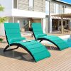 Patio Wicker Sun Lounger; PE Rattan Foldable Chaise Lounger with Removable Cushion and Bolster Pillow; Black Wicker and Beige Cushion (2 sets) - Blue