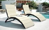 Patio Wicker Sun Lounger; PE Rattan Foldable Chaise Lounger with Removable Cushion and Bolster Pillow; Black Wicker and Beige Cushion (2 sets) - Beige