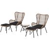 Outdoor Patio 5-Piece Rattan Conversation Set, PE Wicker Arm Chairs with Stools and Tempered Glass Tea Table for Balcony, Natural Rattan - Dark Gray