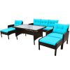 6-Piece Outdoor Patio PE Wicker Rattan Sofa Set Dining Table Set with Removable Cushions and Tempered Glass Tea Table for Backyard- Blue