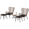 Outdoor Patio 5-Piece Rattan Conversation Set, PE Wicker Arm Chairs with Stools and Tempered Glass Tea Table for Balcony, Natural Rattan - Dark Gray