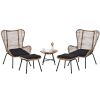 Outdoor Patio 5-Piece Rattan Conversation Set, PE Wicker Arm Chairs with Stools and Tempered Glass Tea Table for Balcony, Natural Rattan - Dark Gray