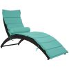 Patio Wicker Sun Lounger, PE Rattan Foldable Chaise Lounger with Removable Cushion and Bolster Pillow, Black Wicker and Beige Cushion - Blue