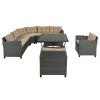 6-Piece Outdoor Wicker Sofa Set, Patio Rattan Dinning Set, Sectional Sofa with Thick Cushions and Pillows, Plywood Table Top - Beige