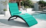 Patio Wicker Sun Lounger, PE Rattan Foldable Chaise Lounger with Removable Cushion and Bolster Pillow, Black Wicker and Beige Cushion - Blue