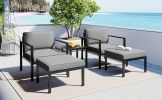 Outdoor Patio 5-piece Aluminum Alloy Conversation Set Sofa Set with Coffee Table and Stools for Poolside; Garden; Black Frame+Gray Cushion - Grey