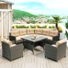 6-Piece Outdoor Wicker Sofa Set, Patio Rattan Dinning Set, Sectional Sofa with Thick Cushions and Pillows, Plywood Table Top - Beige