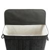 Flip Type Bamboo Laundry Hamper Wooden Folding Dirty Clothes Storage Basket Body with Removable Liners RT - black