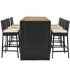 Outdoor Patio 7-Piece Rattan Dining Table Set, PE Wicker Bar Furniture Set with Wood Tabletop and 6 Dining Chairs , Black Rattan+Beige Cushion - Black