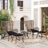 Outdoor Patio 5-Piece Rattan Conversation Set, PE Wicker Arm Chairs with Stools and Tempered Glass Tea Table for Balcony, Natural Rattan - Dark Gray