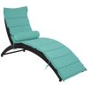 Patio Wicker Sun Lounger, PE Rattan Foldable Chaise Lounger with Removable Cushion and Bolster Pillow, Black Wicker and Beige Cushion - Blue