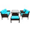 6-Piece Outdoor Patio PE Wicker Rattan Sofa Set Dining Table Set with Removable Cushions and Tempered Glass Tea Table for Backyard- Blue