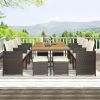 Patio All-Weather PE Wicker Dining Table Set with Wood Tabletop for 10, Brown Rattan+Beige Cushion - Brown