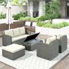 Outdoor Patio 5-Piece All-Weather PE Wicker Rattan Sectional Sofa Set with Multifunctional Table and Ottoman, Gray Wicker+ Beige Cushion - Gray+Beige