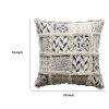 18 x 18 Square Cotton Accent Throw Pillow; Fluffy Fringes; Soft Block Print Raised Pattern; Cream; Blue - as Pic