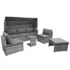 5 Pieces Outdoor Sectional Patio Rattan Sofa Set Rattan Daybed ; PE Wicker Conversation Furniture Set w/ Canopy and Tempered Glass Side Table; Gray