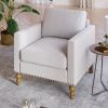 Classic Linen Armchair Accent Chair with Bronze Nailhead Trim Wooden Legs Single Sofa Couch for Living Room; Bedroom; Balcony; Beige - as Pic