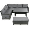 5-Piece Outdoor Patio Rattan Sofa Set; Sectional PE Wicker L-Shaped Garden Furniture Set with 2 Extendable Side Tables; - Gray