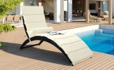 Patio Wicker Sun Lounger, PE Rattan Foldable Chaise Lounger with Removable Cushion and Bolster Pillow, Black Wicker and Beige Cushion - Beige