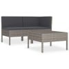 vidaXL 3 Piece Patio Lounge Set with Cushions Poly Rattan Gray - Grey