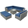 9 Piece Rattan Sectional Seating Group with Cushions and Ottoman, Patio Furniture Sets, Outdoor Wicker Sectional - Grey