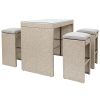 5-piece Rattan Outdoor Patio Furniture Set Bar Dining Table Set with 4 Stools - Brown Cushion+Brown Wicker