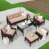 6-Piece Outdoor Patio PE Wicker Rattan Sofa Set Dining Table Set with Removable Cushions and Tempered Glass Tea Table for Backyard - Light Coffee