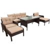 6-Piece Outdoor Patio PE Wicker Rattan Sofa Set Dining Table Set with Removable Cushions and Tempered Glass Tea Table for Backyard - Light Coffee